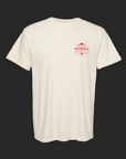 Beige t-shirt with a red logo on the chest against a white background