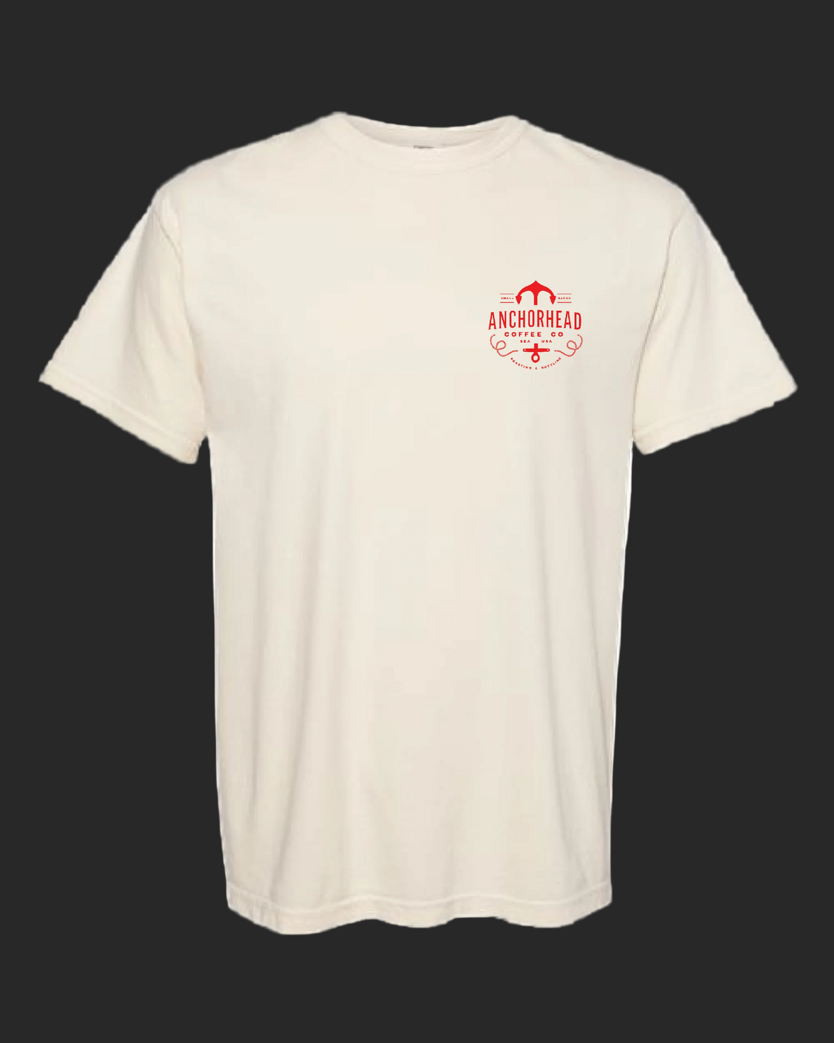 Beige t-shirt with a red logo on the chest against a white background