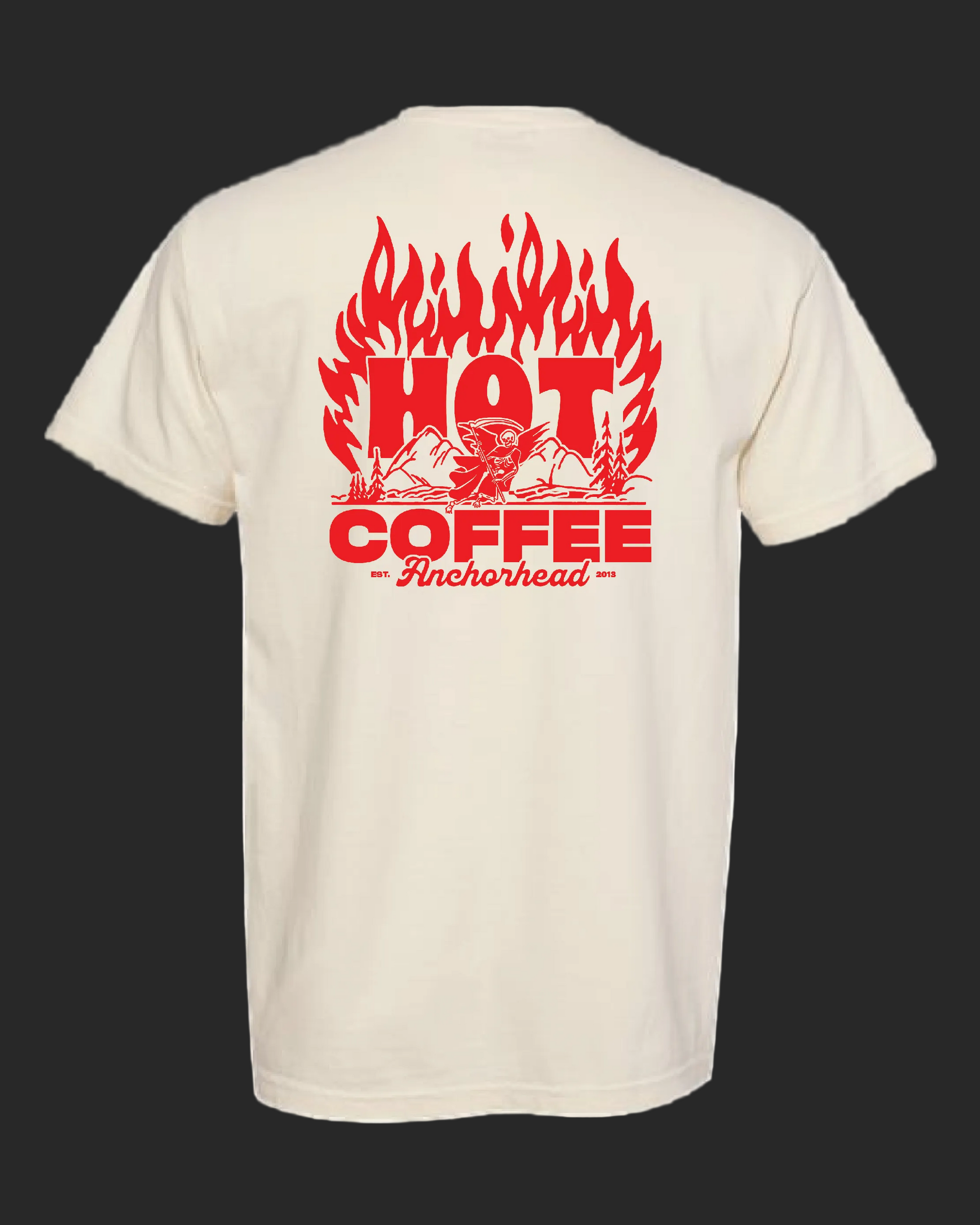Beige t-shirt with red 'Hot Coffee' graphic on a white background