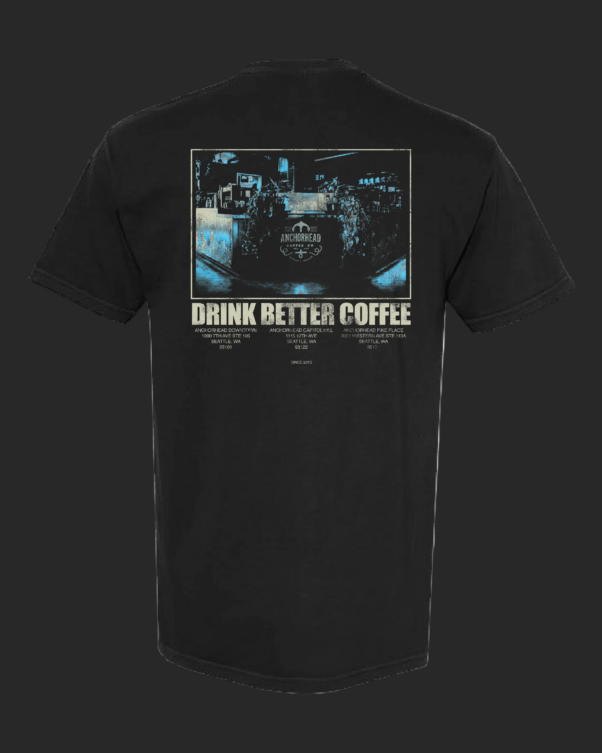 Black t-shirt with a graphic design and text on the back, displayed on a white background.