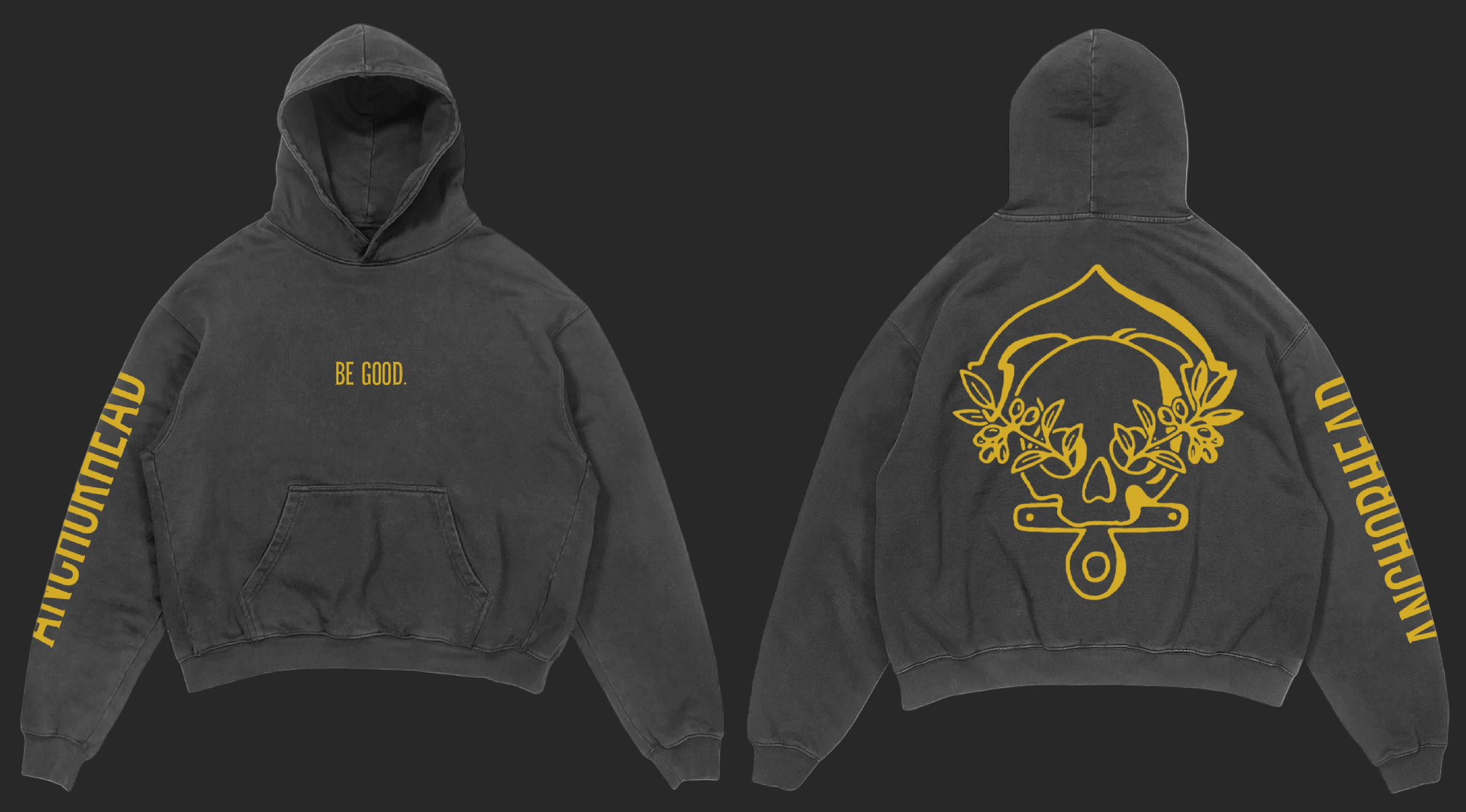 Black hoodie with yellow text and graphics on a white background