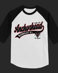 A black and white three quarter sleeve baseball tee with 'Anchorhead Single O's' text and logo on the front.
