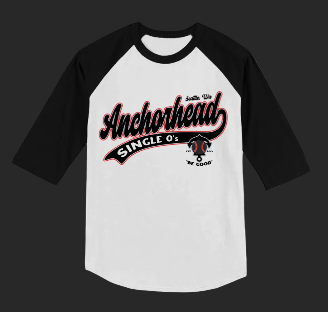 A black and white three quarter sleeve baseball tee with 'Anchorhead Single O's' text and logo on the front.
