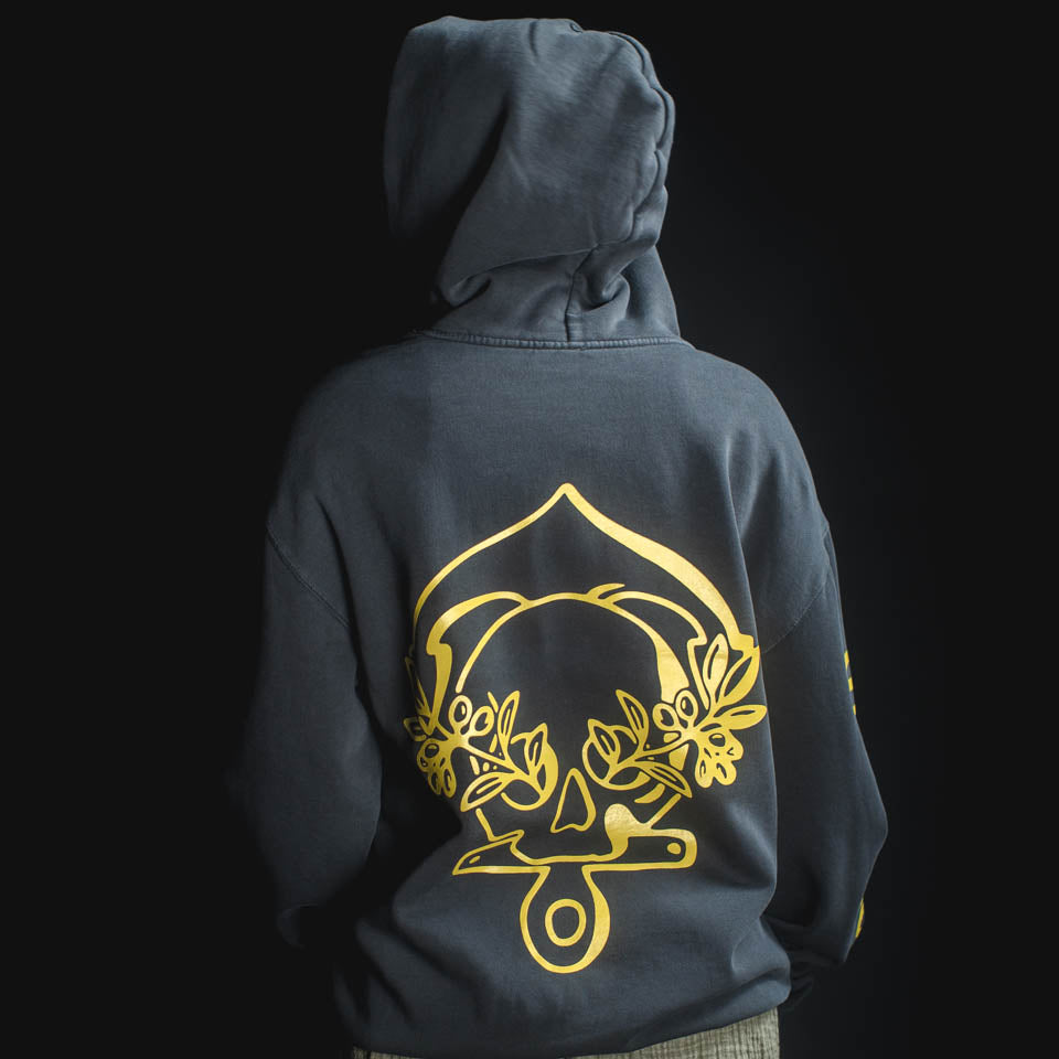 Person wearing a dark hoodie with a gold emblem on the back against a black background
