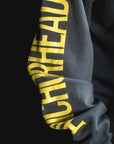 Gray sweatshirt with yellow text on a black background