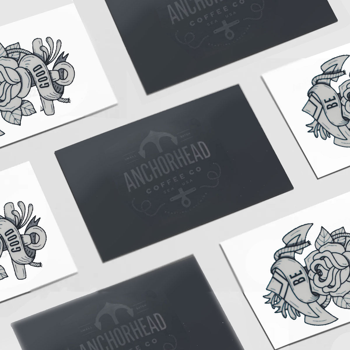 A collection of gift cards from Anchorhead Coffee Company featuring a black background with white text and unique design elements.